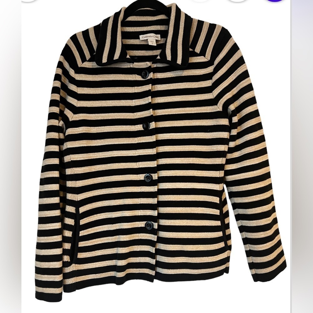 Coldwater Creek Tan Black‎ Striped Collar Button Down Sweater Women’s Large 14